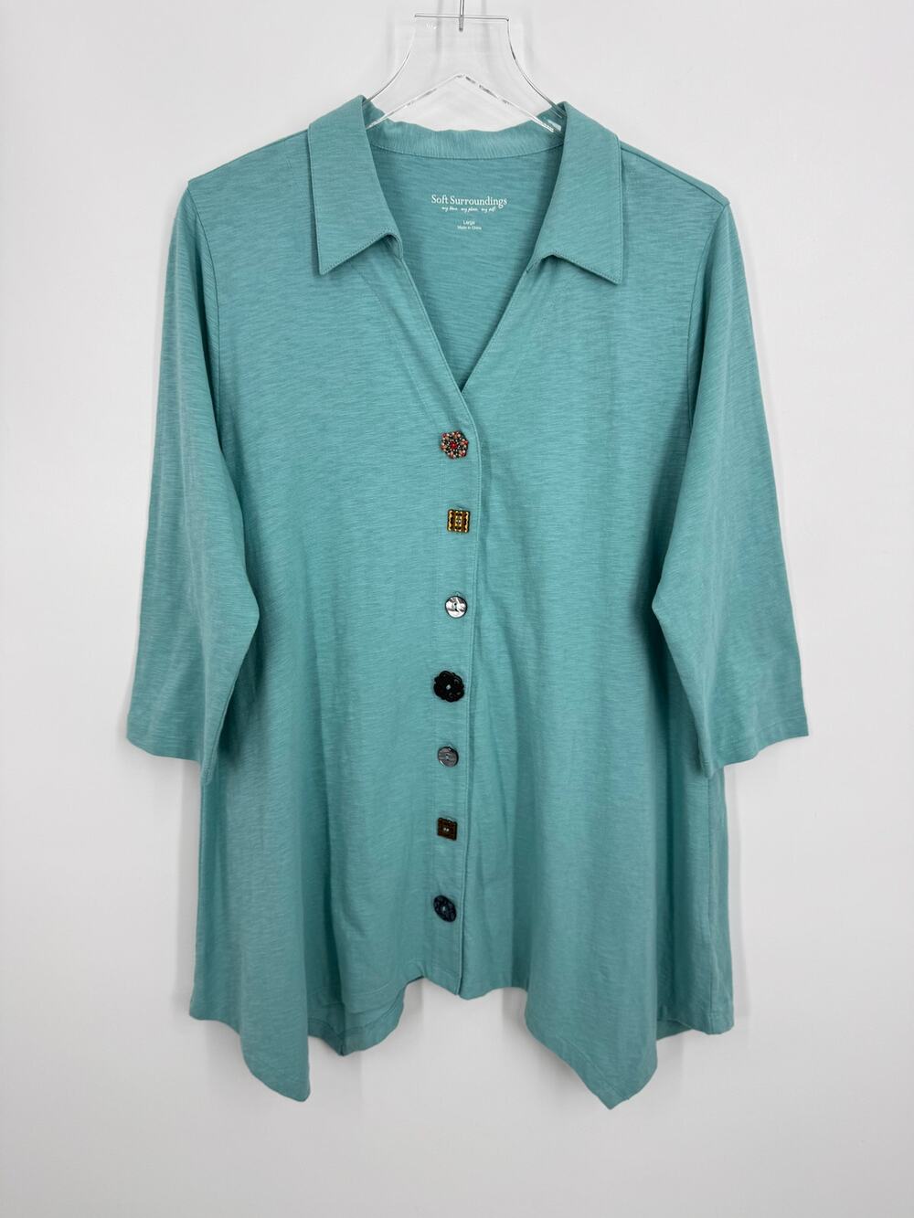 soft surroundings Danielle blouse L button up eclectic sharkbite jeweled tunic